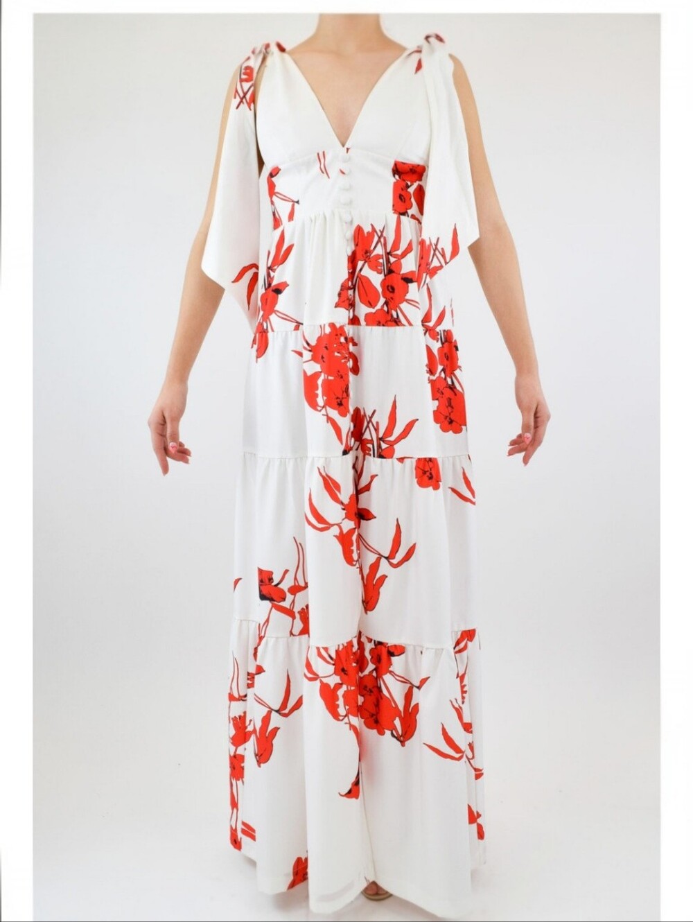 New Beautiful White & Red Floral V-Neck Maxi Dress Size Large. New With Tags